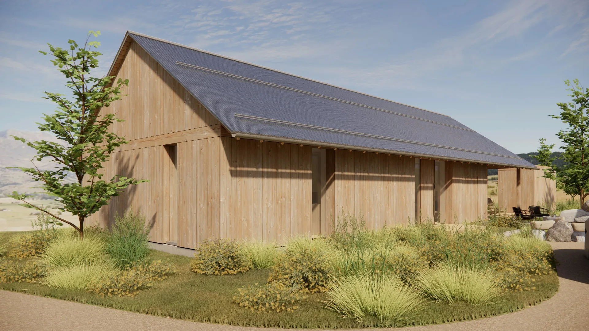 Architectural rendering of a cabin clad in vertical wood siding under a broad standing-seam metal roof, with native bunchgrass planted along its base